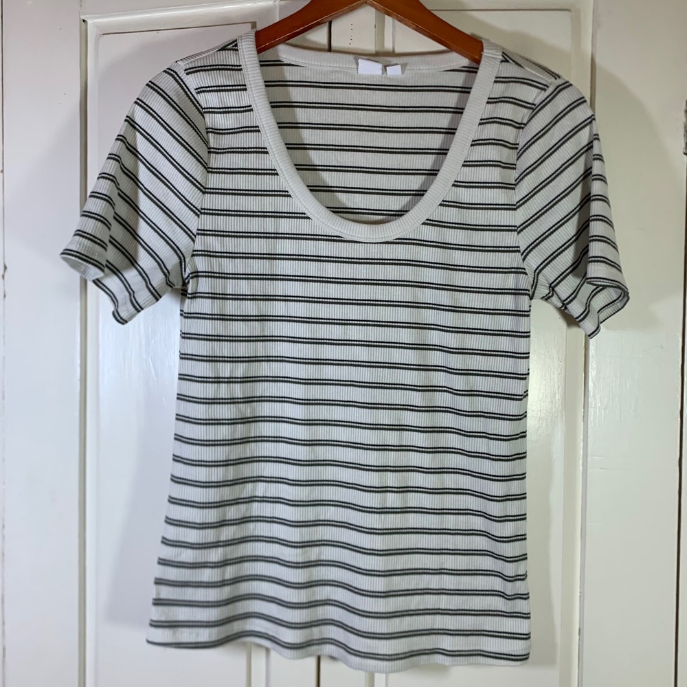 Gap Womens Large Ribbed Scoop Neck Short Sleeve Striped Tee White Black Olive